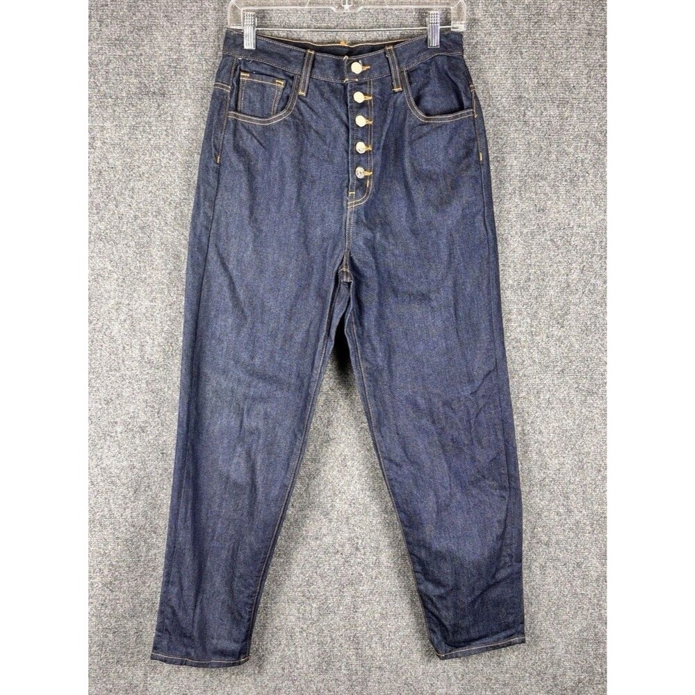 Womens 28 High Waisted Jeans Dark Wash Button Fly Tapered Rigid Denim 27"
